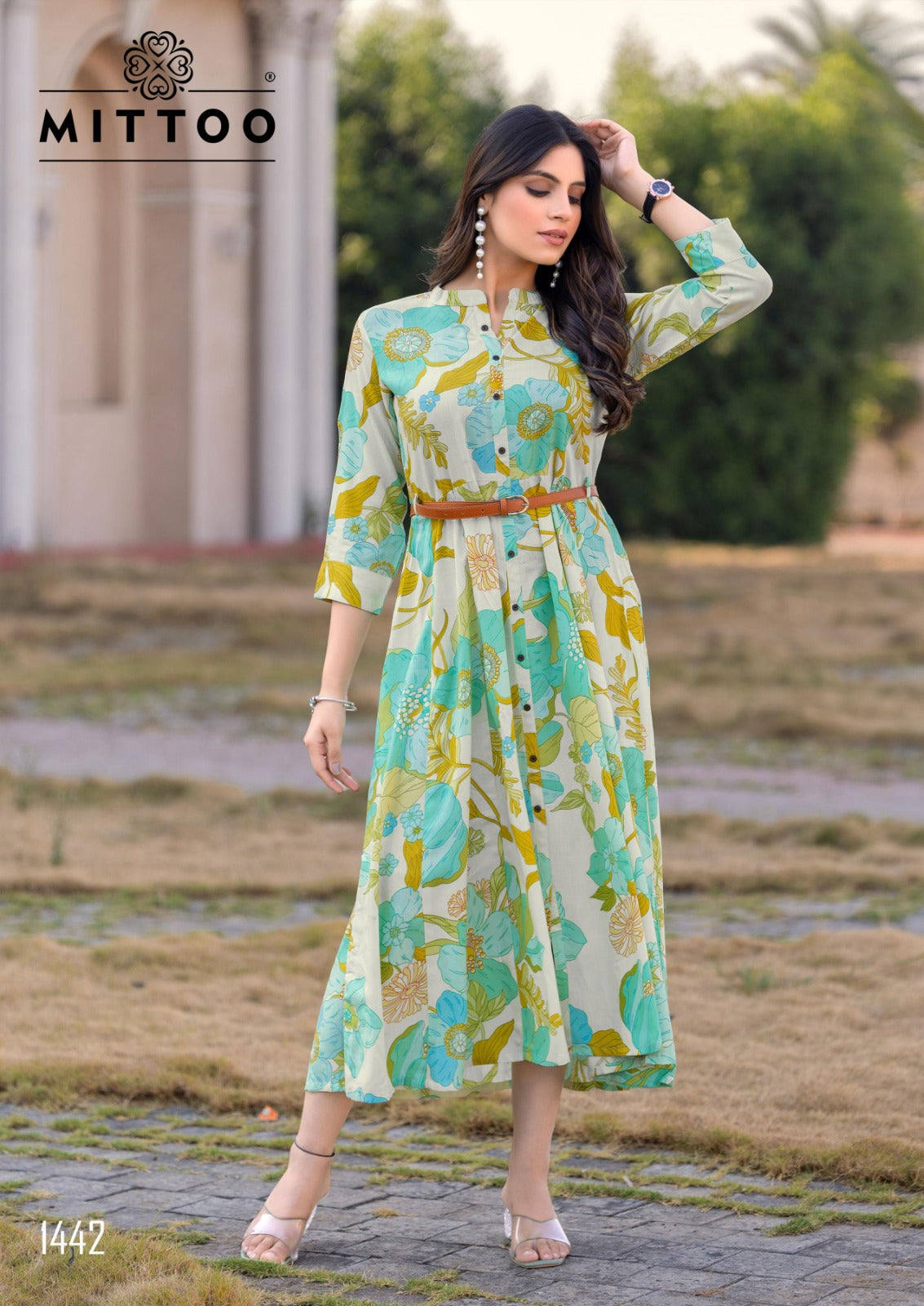Mint Green Indo Western One Piece Rayon Kurti Dress for Women