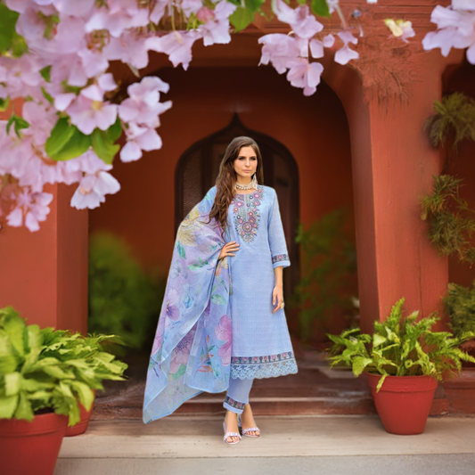 Kailee Summer Garden Vol 2 Designer Cotton Kurti with Bottom & Dupatta - Baby Blue