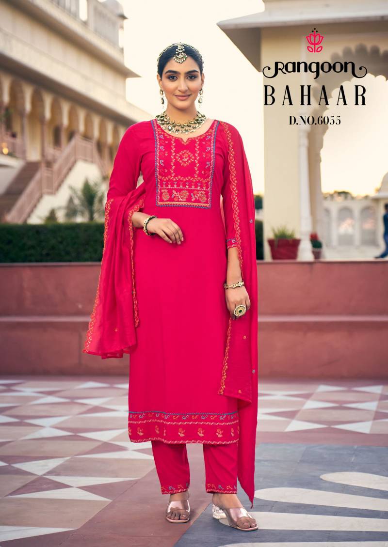 Rangoon Bahaar Airjet Rayon Kurti with Bottom and Dupatta - Rani Pink